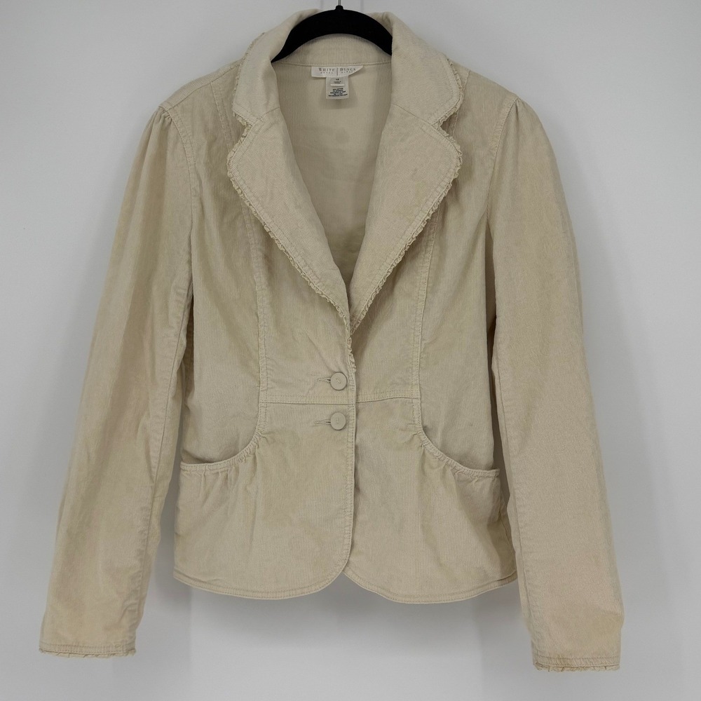 White House Black Market Cream Corduroy Ruffle Blazer Jacket Beige Size 10